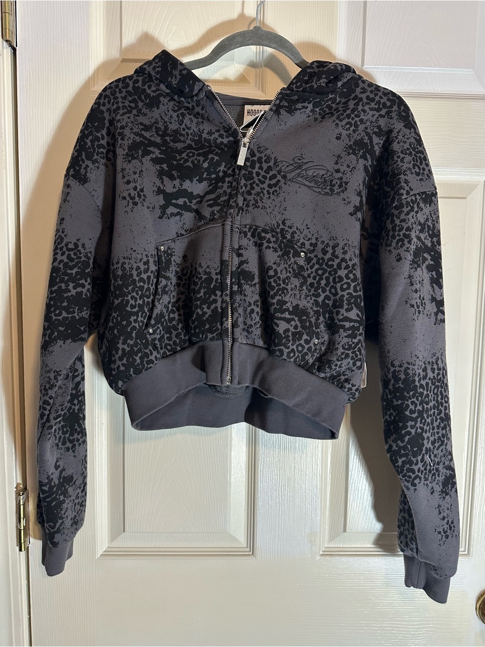 Cropped Black Leopard-Print Zip Hoodie Bomber